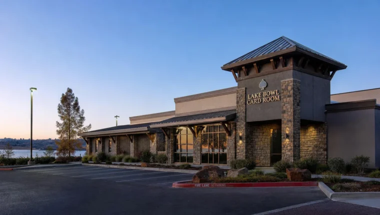 Lake Bowl Card Room Folsom 47 AI-generated exterior view of Lake Bowl Card Room Folsom, Folsom, California.