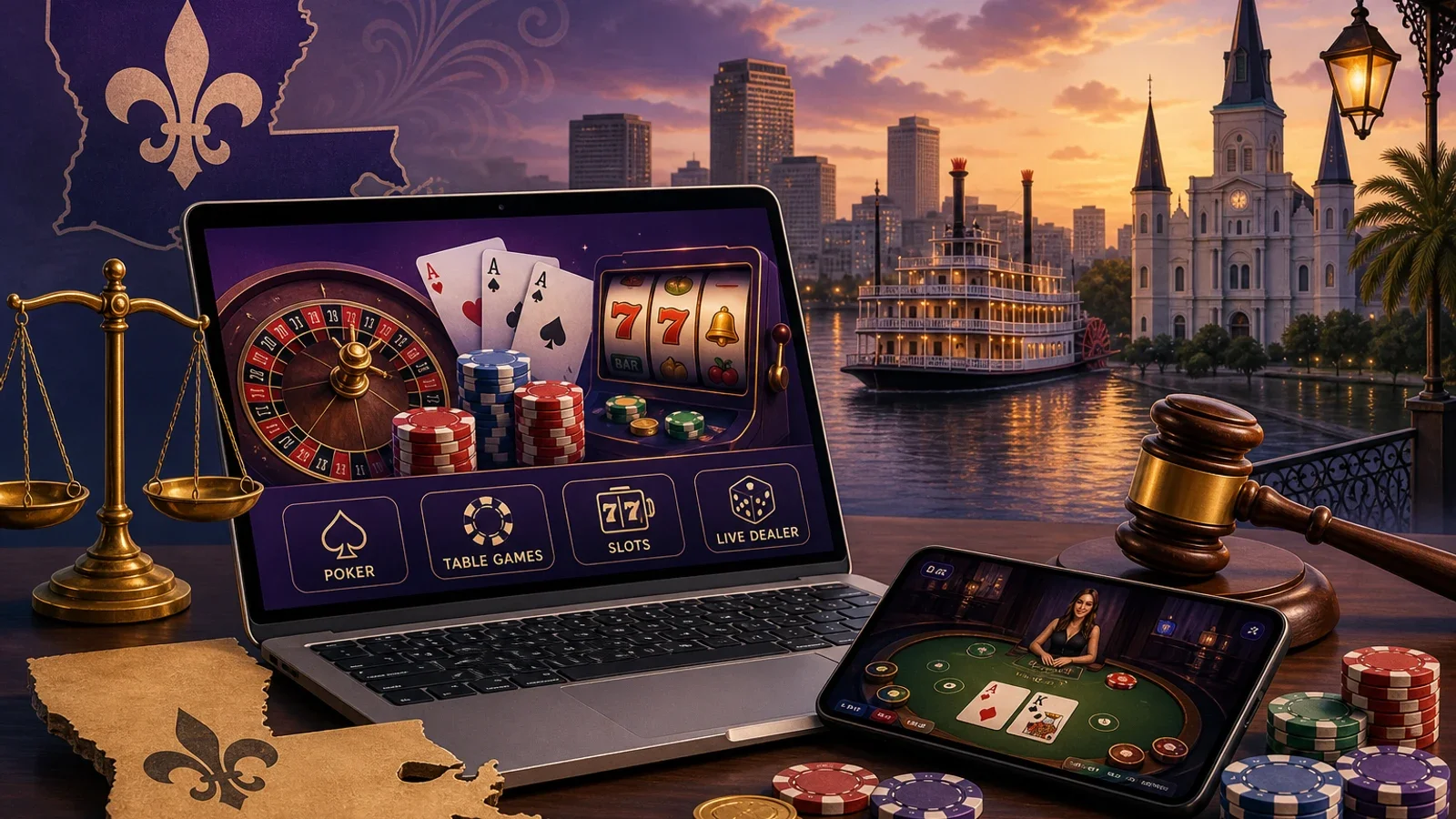 Conceptual editorial illustration for Louisiana Online Casinos: Legal Status and Gambling Options