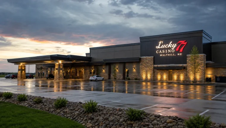 Lucky 77 Casino Walthill 2 AI-generated exterior view of Lucky 77 Casino Walthill, Walthill, Nebraska.