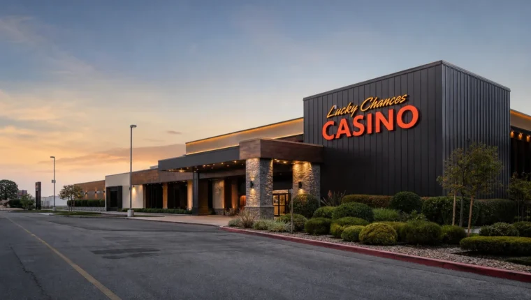 AI-generated exterior view of Lucky Chances Casino Colma, Colma, California.