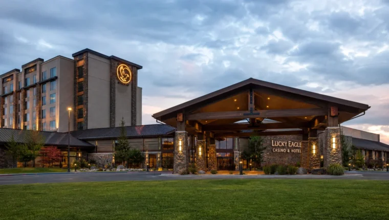 AI-generated exterior view of Lucky Eagle Casino And Hotel Rochester, Rochester, Washington.