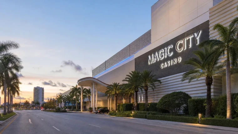 AI-generated exterior view of Magic City Casino Miami, Miami, Florida.