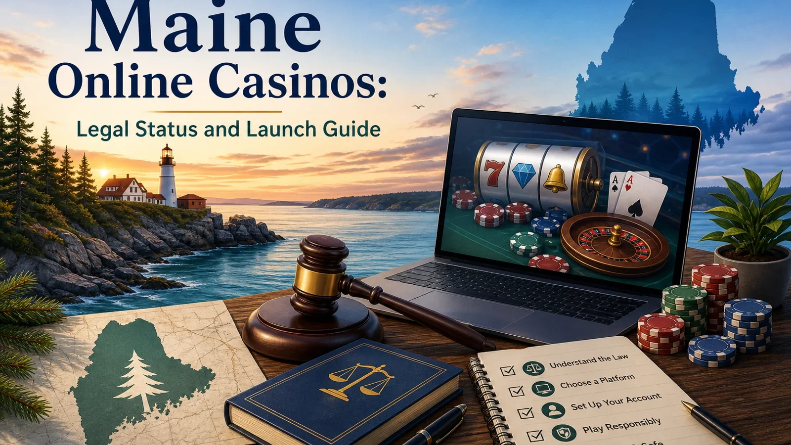Conceptual editorial illustration for Maine Online Casinos: Legal Status and Launch Guide