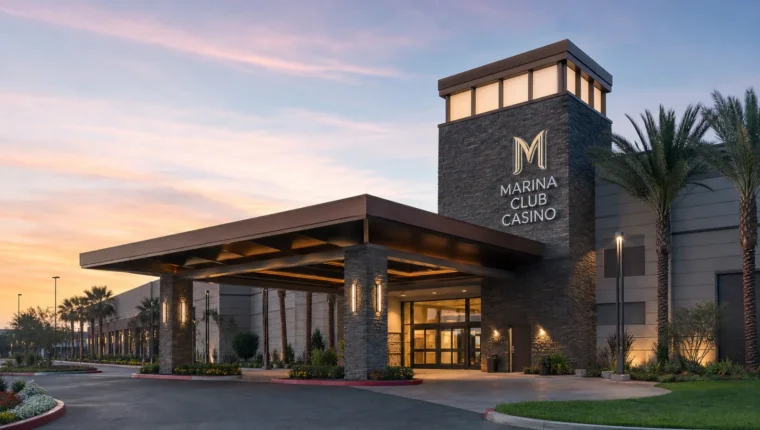 Marina Club Casino: Poker, Games, and Visitor Guide 54 AI-generated exterior view of Marina Club Casino, Marina, California.