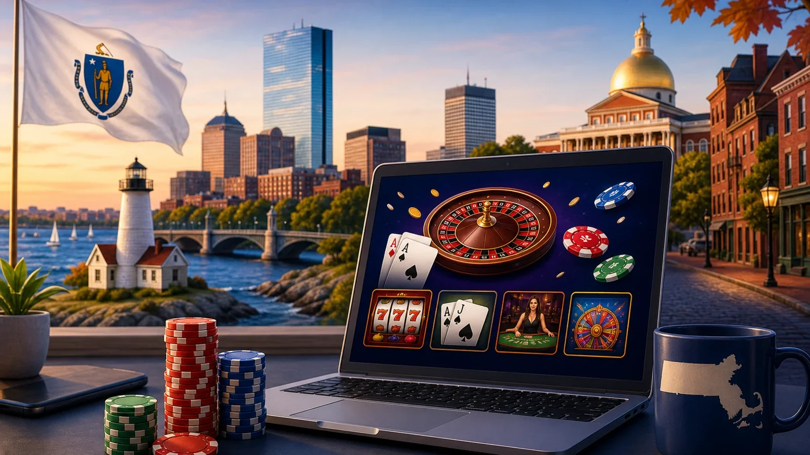 Conceptual editorial illustration for Massachusetts Online Casinos