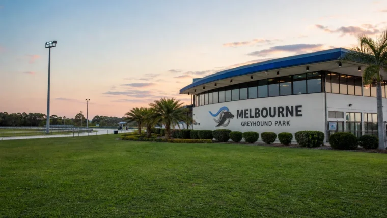 AI-generated exterior view of Melbourne Greyhound Park, Melbourne, Florida.