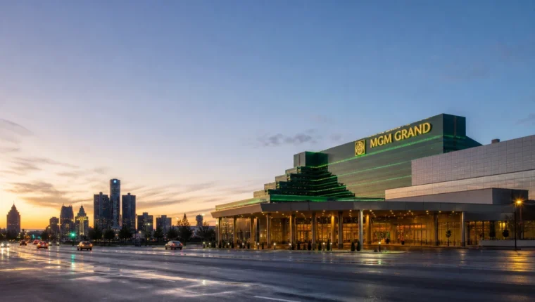 AI-generated exterior view of MGM Grand Casino Detroit, Detroit, Michigan.