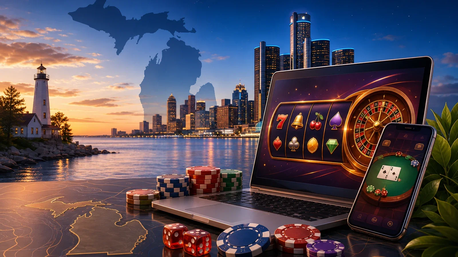 Conceptual editorial illustration for Michigan Online Casinos