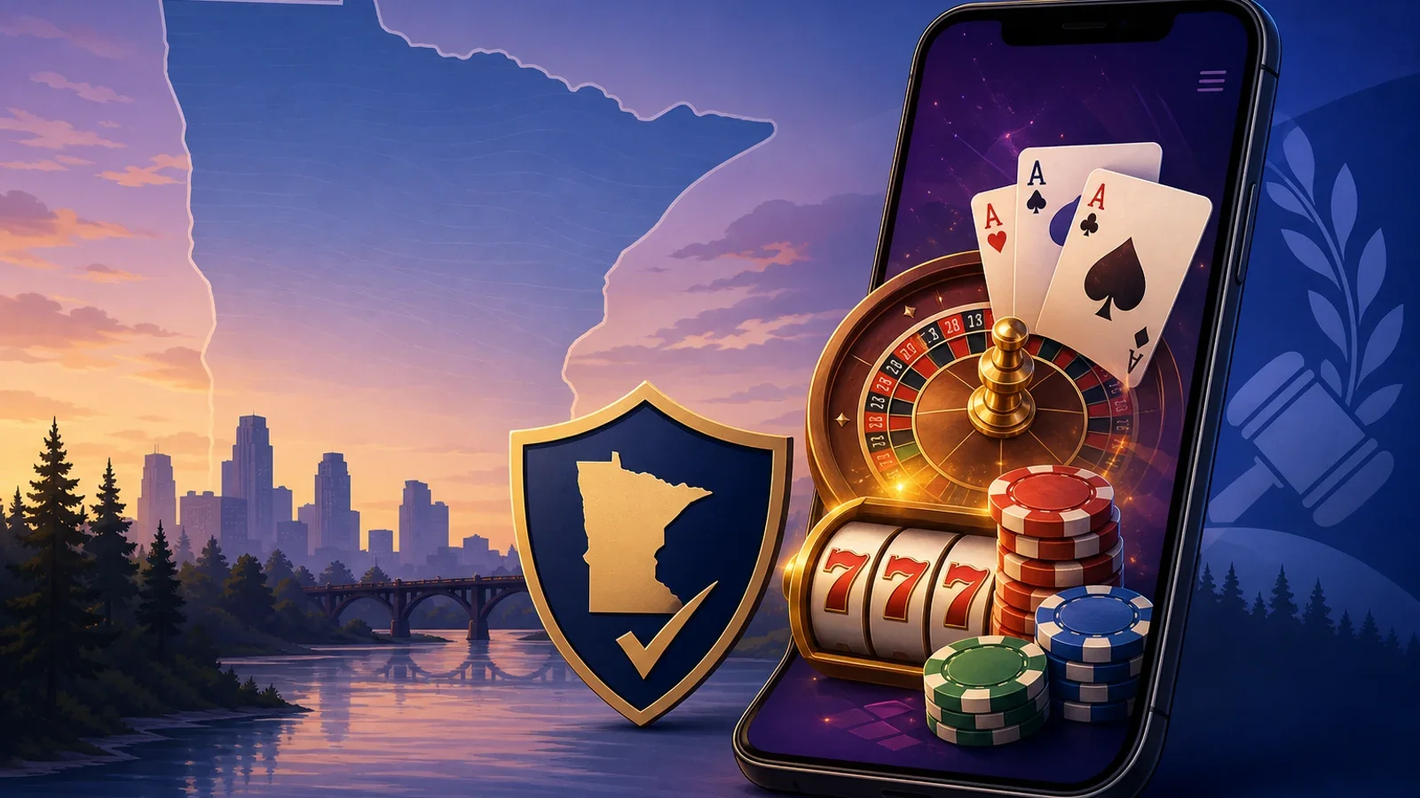Conceptual editorial illustration for Minnesota Online Casinos: Legal Status and Casino Apps