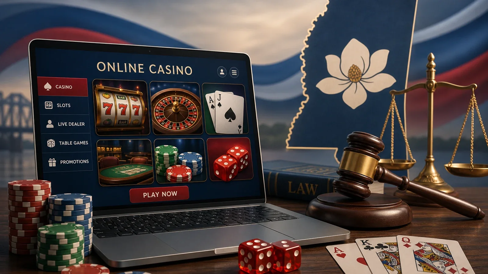 Conceptual editorial illustration for Mississippi Online Casinos: Laws and Playing Options