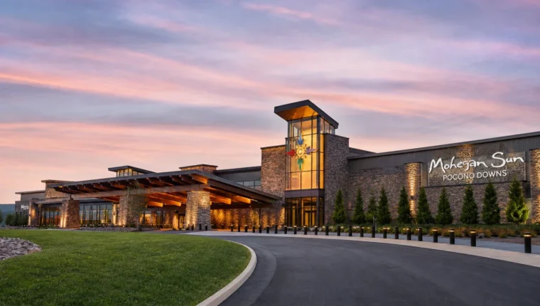 AI-generated exterior view of Mohegan Sun at Pocono Downs Wilkes-Barre, Wilkes-Barre, Pennsylvania.