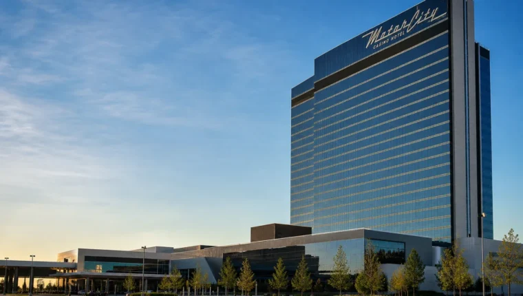 AI-generated exterior view of MotorCity Casino Hotel Detroit, Detroit, Michigan.