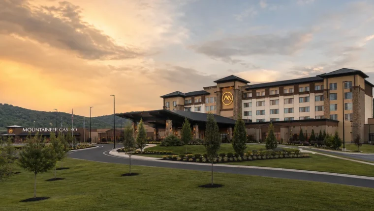 AI-generated exterior view of Mountaineer Casino Racetrack & Resort New Cumberland, West Virginia.