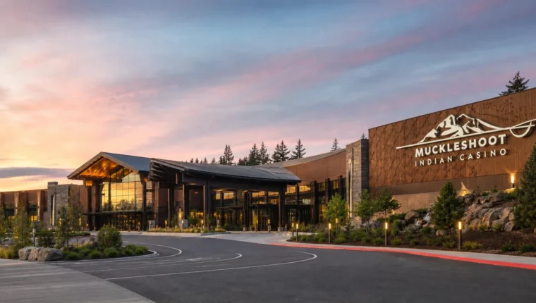 AI-generated exterior view of Muckleshoot Indian Casino Auburn, Auburn, Washington.