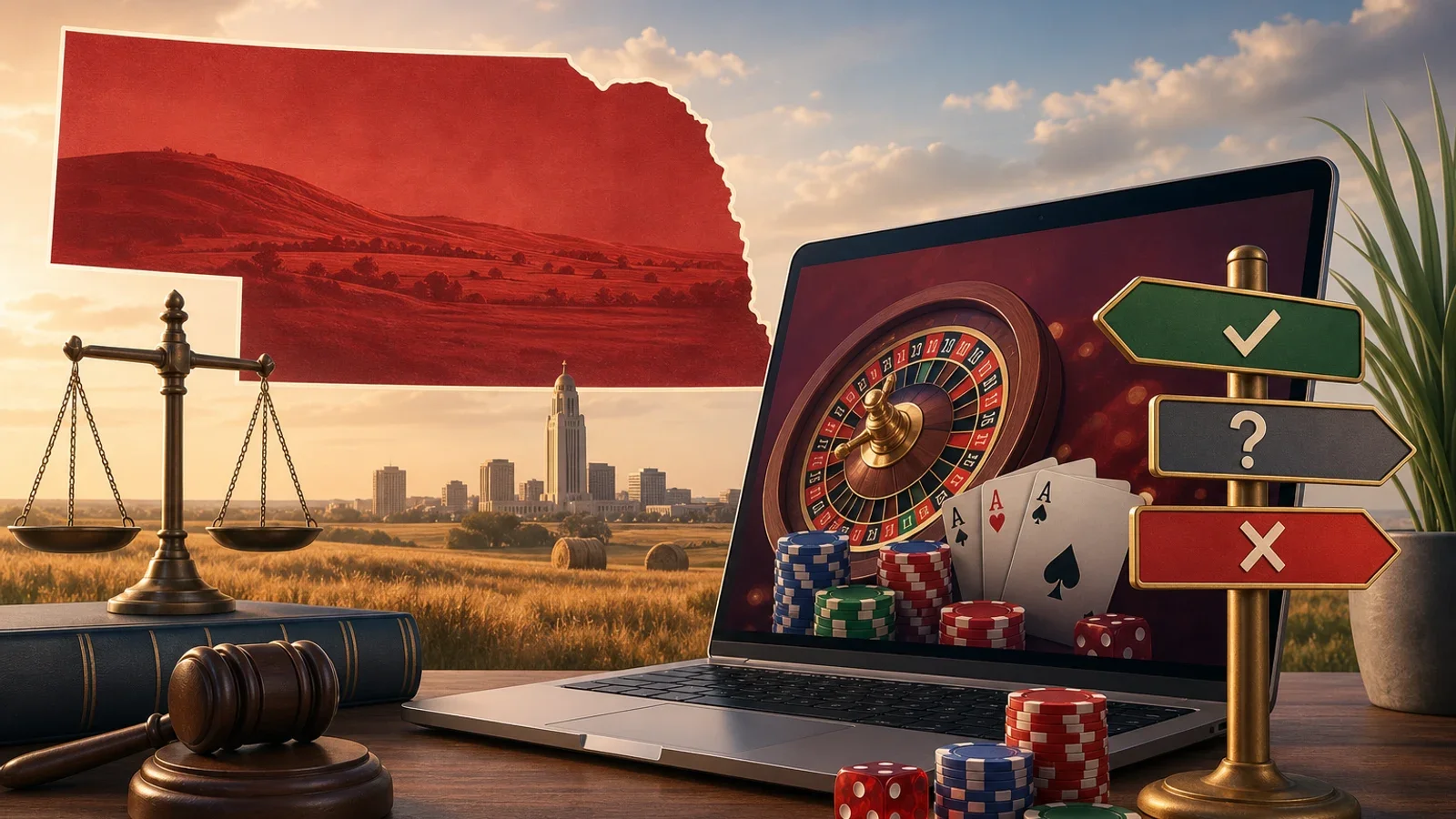 Conceptual editorial illustration for Nebraska Online Casinos: Legal Status and Options