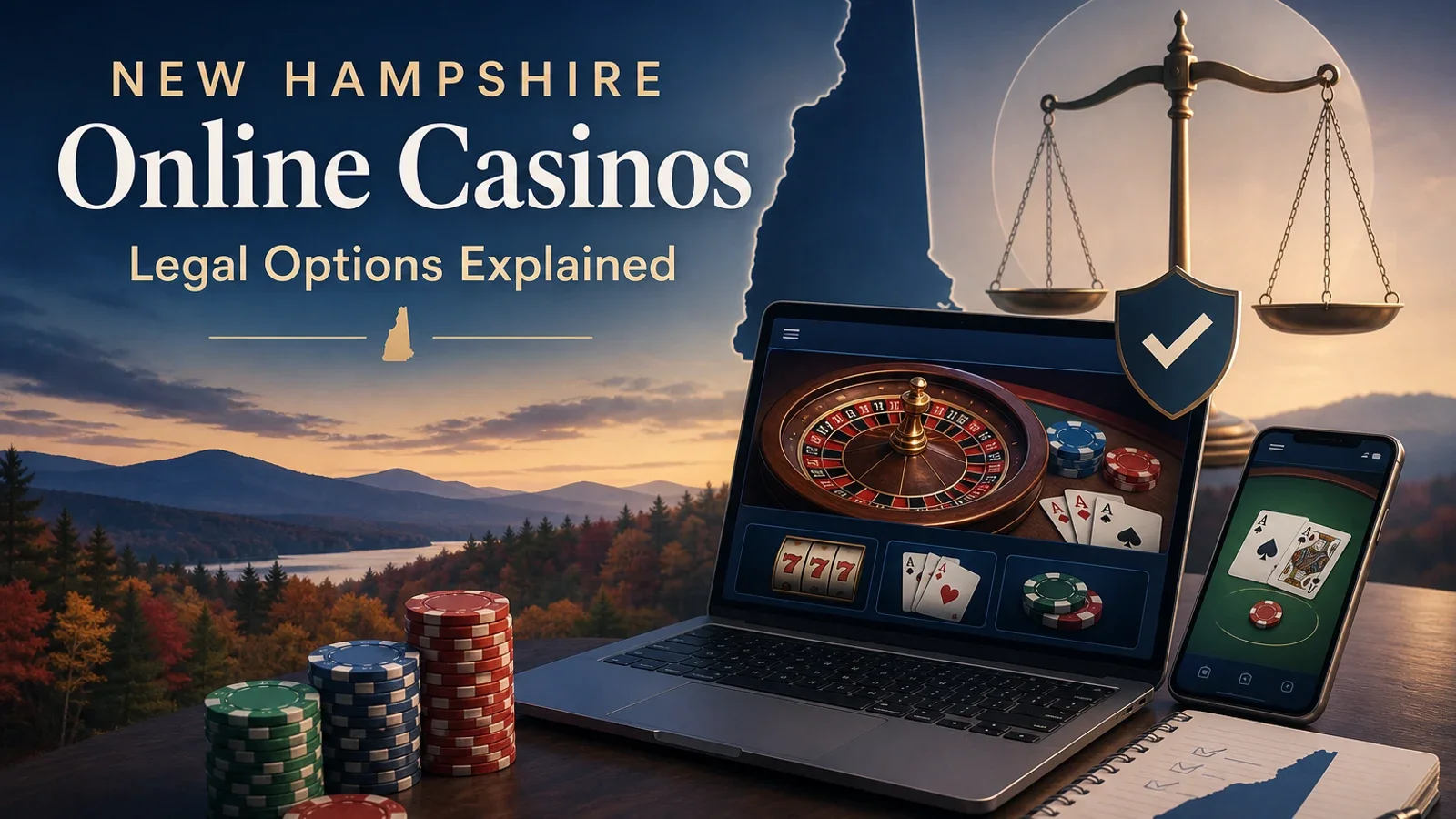 Conceptual editorial illustration for New Hampshire Online Casinos: Legal Options Explained
