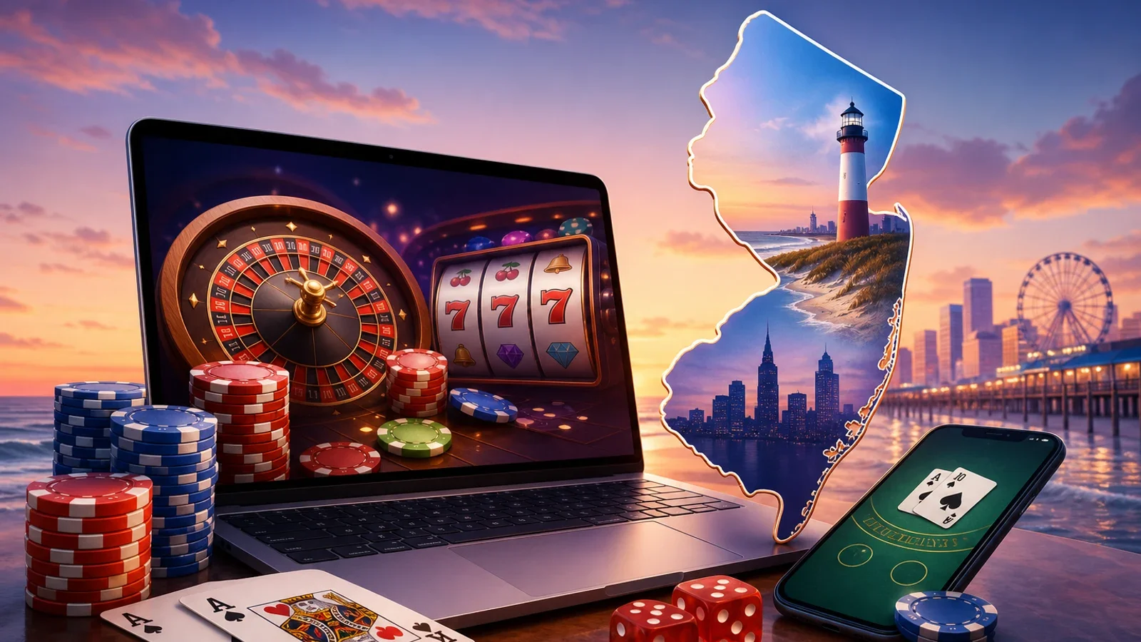Conceptual editorial illustration for New Jersey Online Casinos