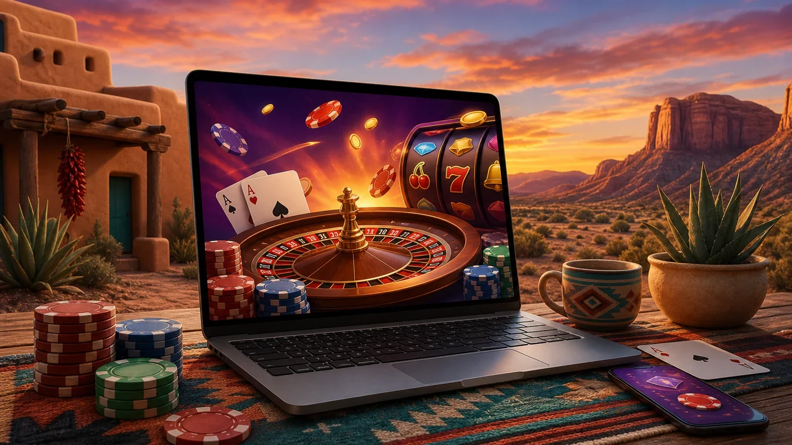Conceptual editorial illustration for New Mexico Online Casinos