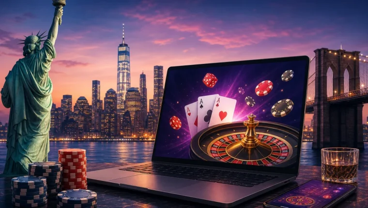 Conceptual editorial illustration for New York Online Casinos