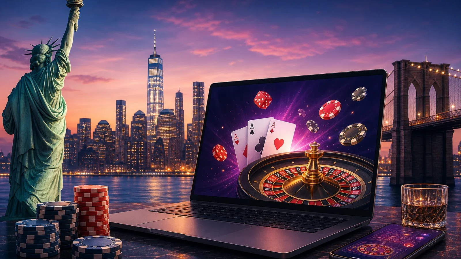 New York Online Casinos 1 Conceptual editorial illustration for New York Online Casinos