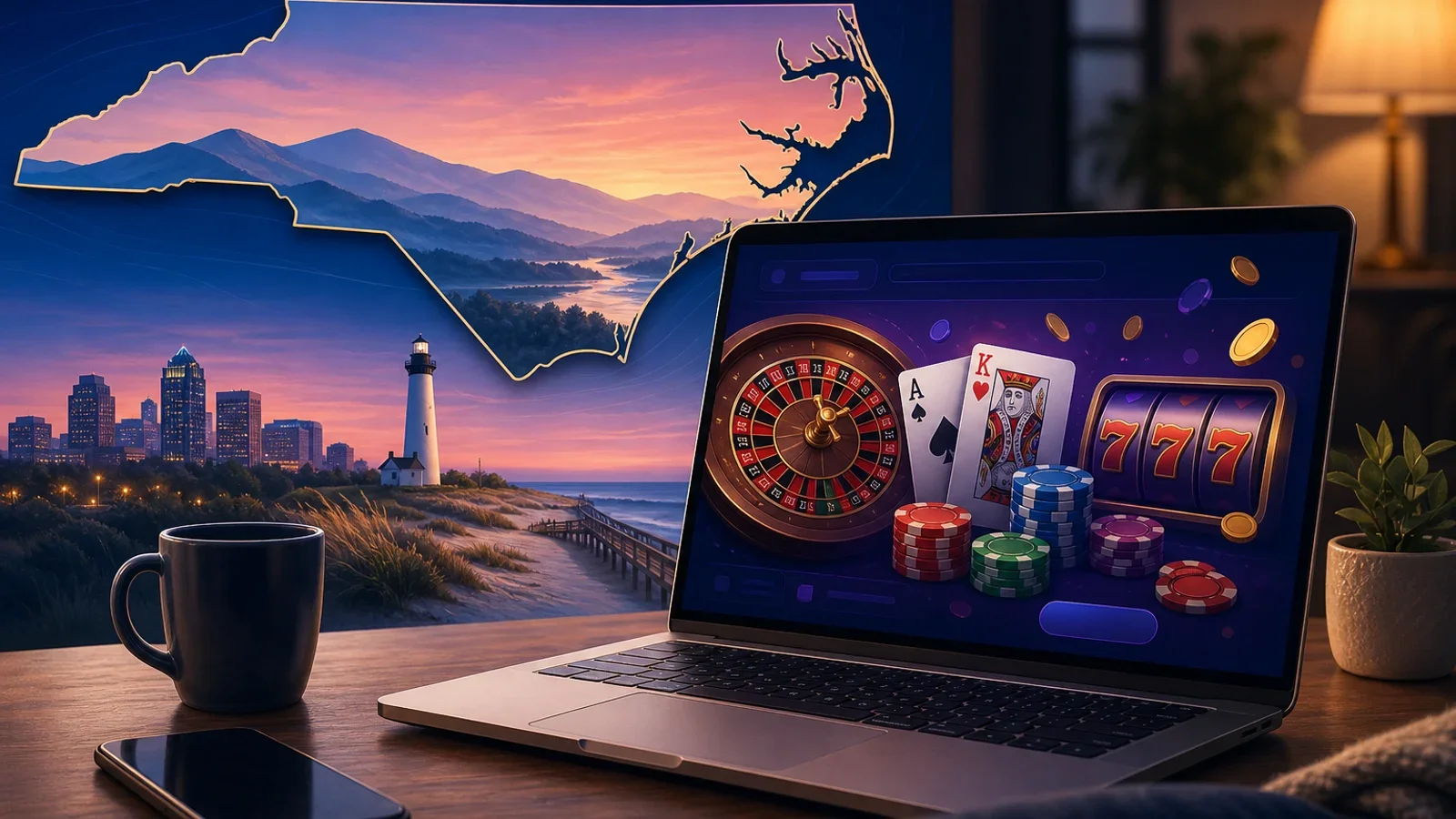 Conceptual editorial illustration for North Carolina Online Casinos
