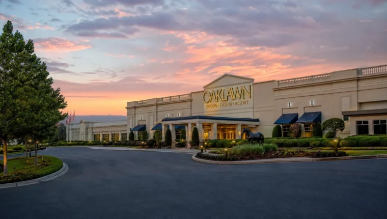 AI-generated exterior view of Oaklawn Racing Casino Hot Springs, Hot Springs, Arkansas.