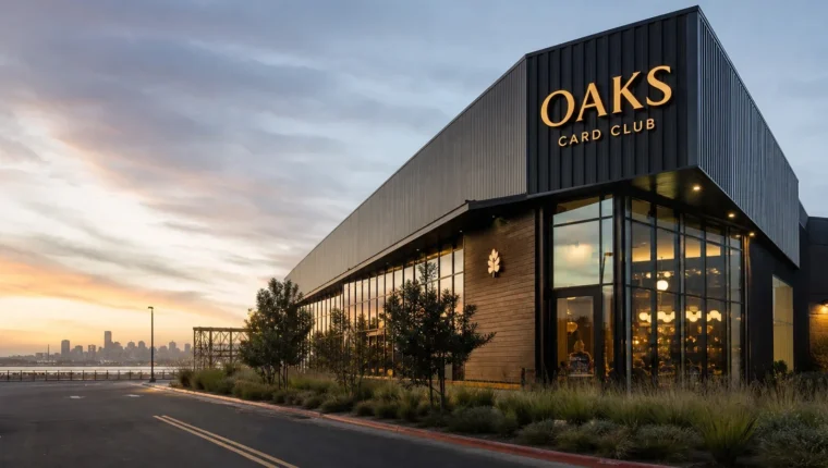 Oaks Card Club Emeryville: Poker, Games, and Visitor Guide 58 AI-generated exterior view of Oaks Card Club Emeryville, Emeryville, California.