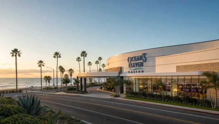 AI-generated exterior view of Ocean's Eleven Casino Oceanside, Oceanside, California.