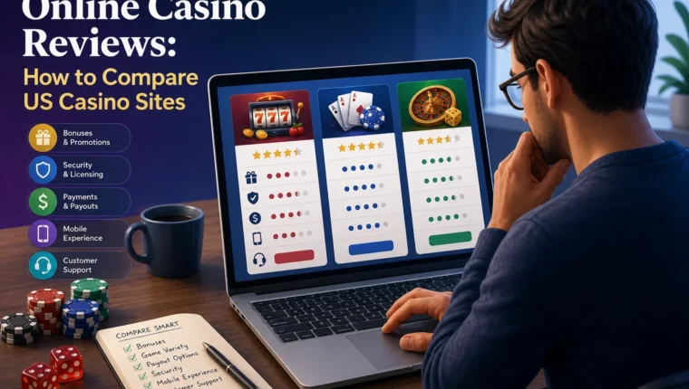 Conceptual editorial illustration for Online Casino Reviews: How to Compare US Casino Sites