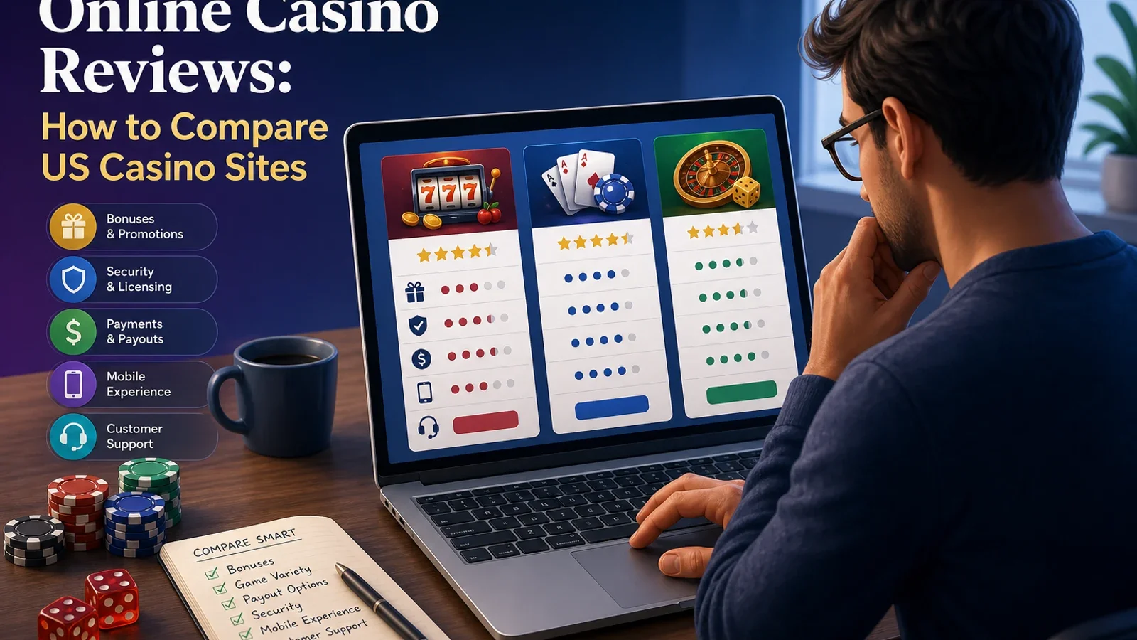 Online Casino Reviews: How to Compare US Casino Sites 1 Conceptual editorial illustration for Online Casino Reviews: How to Compare US Casino Sites