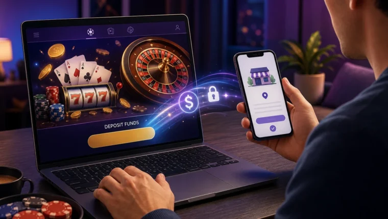 Conceptual editorial illustration for PayNearMe US Online Gambling & Casino Deposits