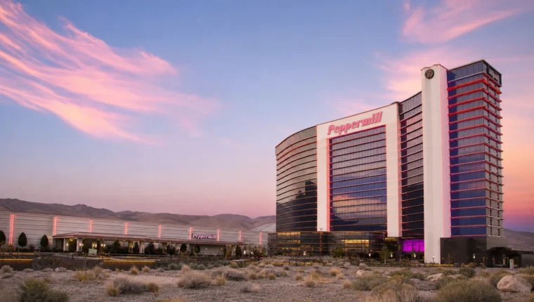 AI-generated exterior view of Peppermill Hotel Casino Wendover, West Wendover, Nevada.