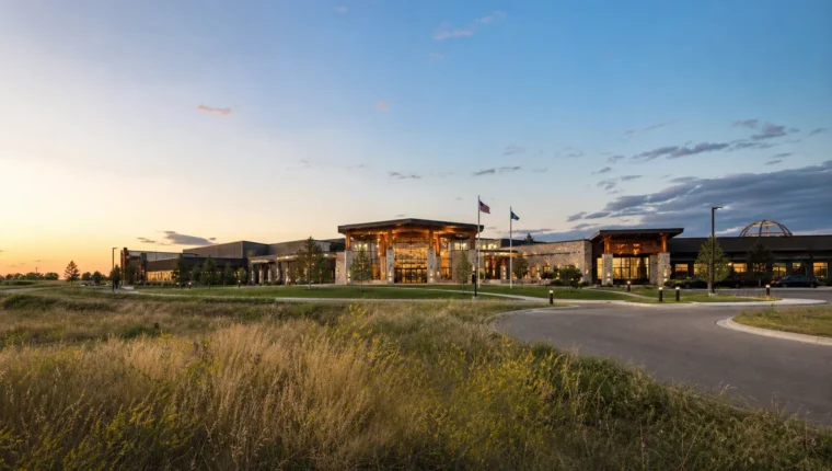 AI-generated exterior view of Prairie Knights Casino & Resort Fort Yates, Fort Yates, North Dakota.