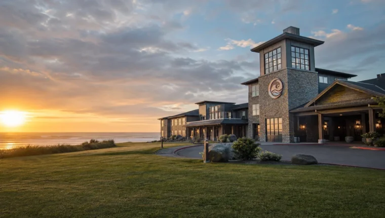 AI-generated exterior view of Quinault Beach Resort & Casino Ocean Shores, Ocean Shores, Washington.