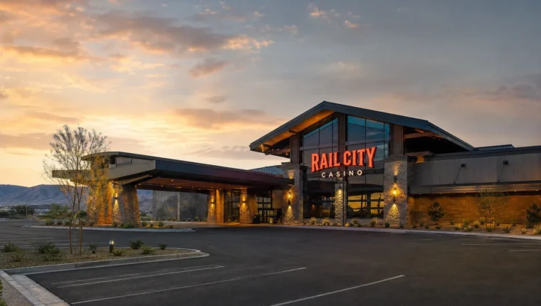 AI-generated exterior view of Rail City Casino Sparks, Sparks, Nevada.