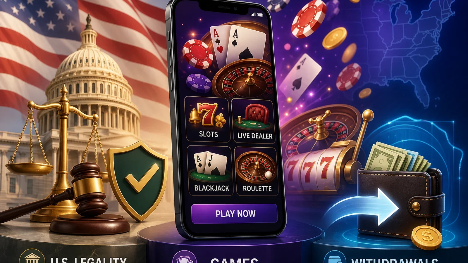 Conceptual editorial illustration for Real Casino Apps: U.S. Legality, Games, and Withdrawals