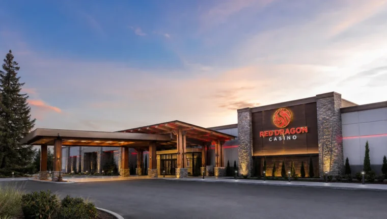 AI-generated exterior view of Red Dragon Casino Mountlake Terrace, Mountlake Terrace, Washington.
