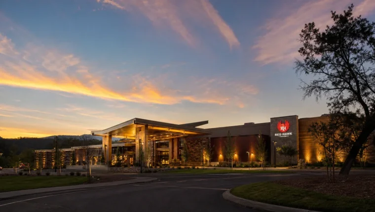 Red Hawk Casino Placerville: Hotel, Games, and Visitor Guide 79 AI-generated exterior view of Red Hawk Casino Placerville, Placerville, California.