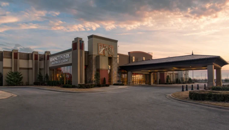 AI-generated exterior view of Remington Park Racetrack Casino Oklahoma City, Oklahoma City, Oklahoma.