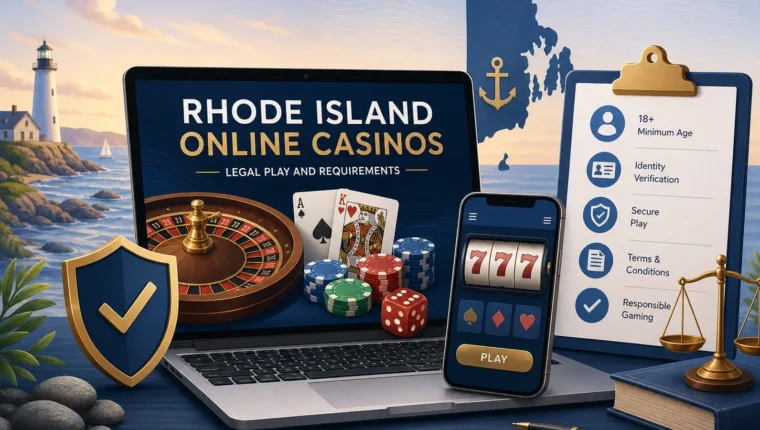 Conceptual editorial illustration for Rhode Island Online Casinos: Legal Play and Requirements