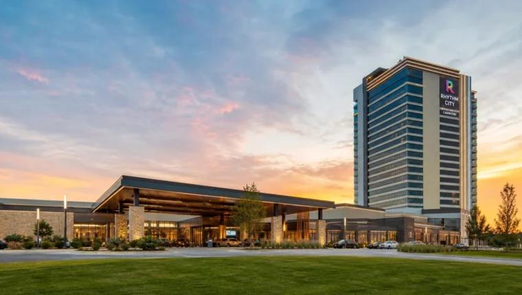 AI-generated exterior view of Rhythm City Casino Resort Davenport, Davenport, Iowa.