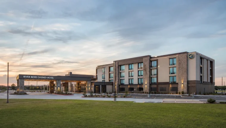 AI-generated exterior view of River Bend Casino and Hotel Wyandotte, Wyandotte, Oklahoma.