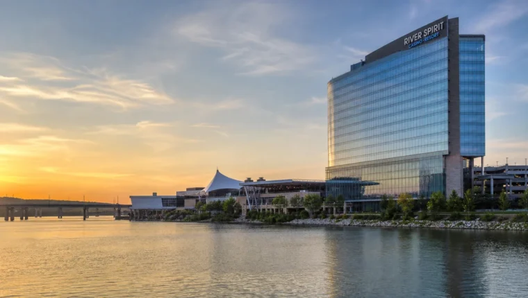 AI-generated exterior view of River Spirit Casino Resort Tulsa, Tulsa, Oklahoma.
