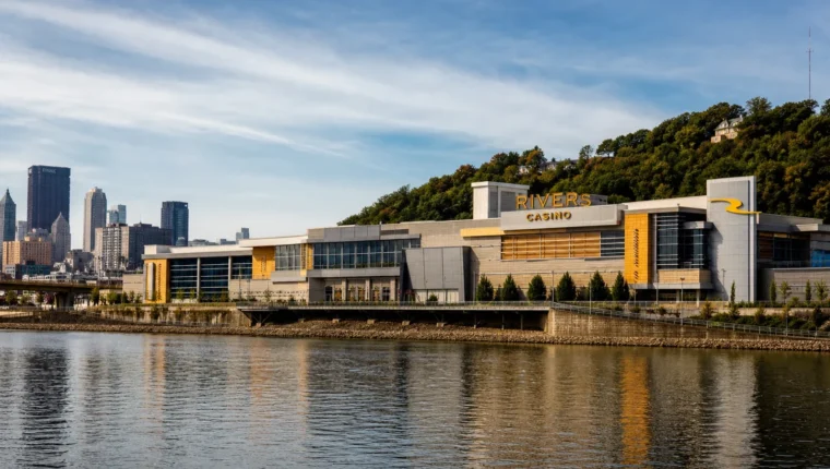 AI-generated exterior view of Rivers Casino Pittsburgh, Pittsburgh, Pennsylvania.