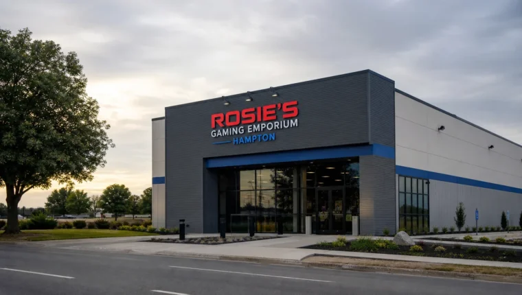 Rosie's Gaming Emporium Hampton 1 AI-generated exterior view of Rosie's Gaming Emporium Hampton, Hampton, Virginia.