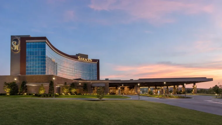 AI-generated exterior view of Saracen Casino Resort Pine Bluff, Arkansas.