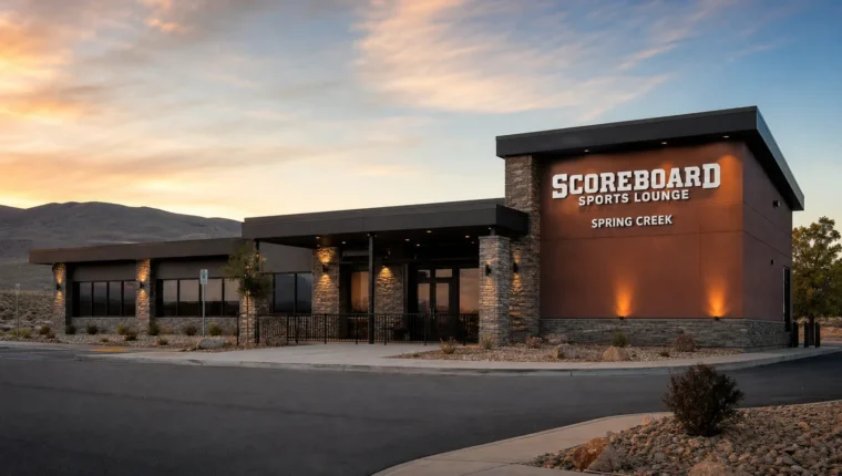 AI-generated exterior view of Scoreboard Sports Lounge Spring Creek, Spring Creek, Nevada.