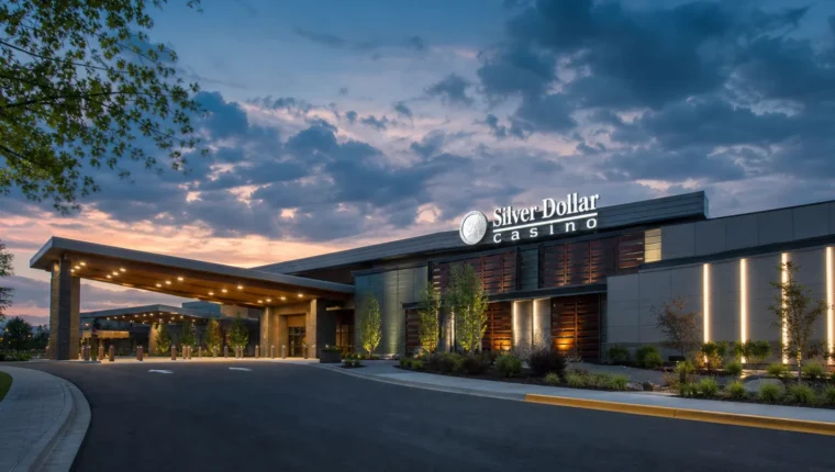 AI-generated exterior view of Silver Dollar Casino Renton, Renton, Washington.
