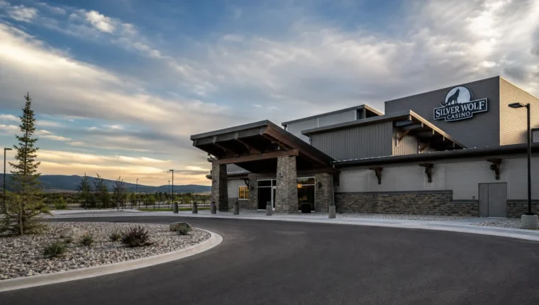 AI-generated exterior view of Silver Wolf Casino, Wolf Point, Montana.