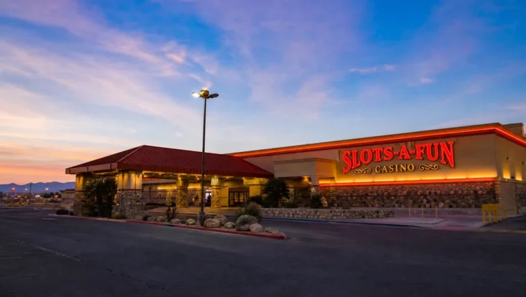 AI-generated exterior view of Slots-A-Fun Casino Las Vegas, Nevada.
